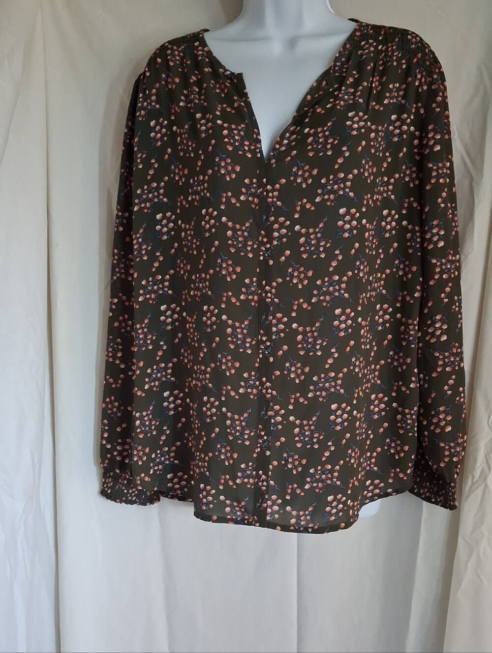 Relaxed Olive Floral V-Neck Blouse with Pink Accents